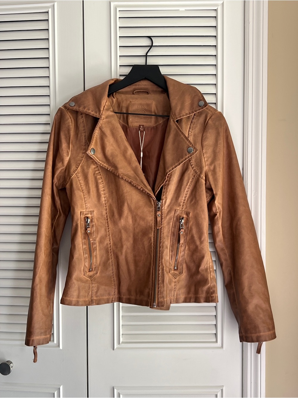 Women’s Max Studio Tan Faux Leather Moto Jacket Size Small NWT